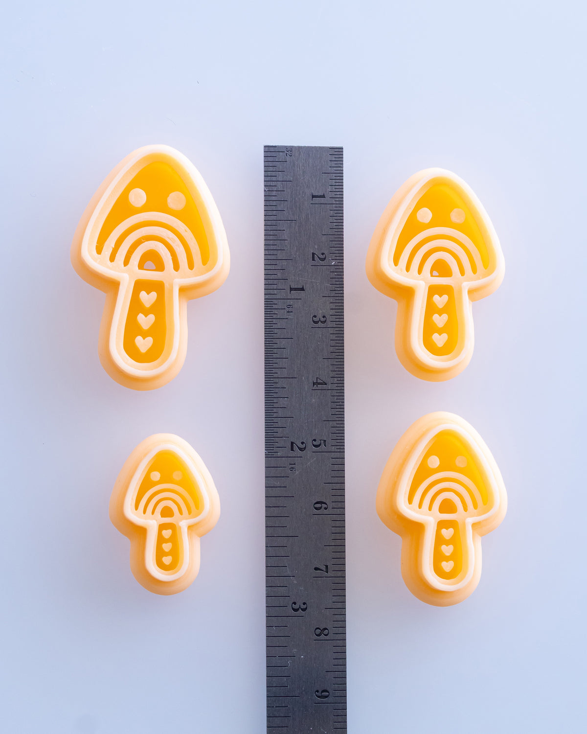 Scandi Folk Rainbow Mushroom clay cutters shown with a ruler or size lineup to provide a practical scale reference.