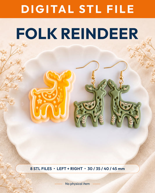 Digital STL listing hero showing the Scandi Folk Reindeer printed clay cutter with example finished polymer clay jewelry.