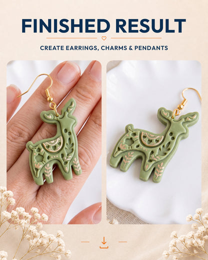 Finished result collage showing polymer clay jewelry created with the Scandi Folk Reindeer cutter design.