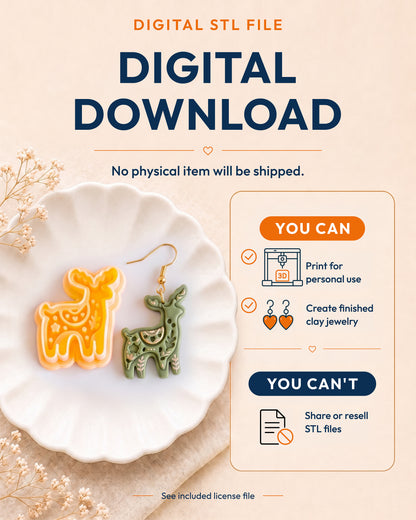 Digital download information graphic for the Scandi Folk Reindeer STL files, explaining that no physical item is shipped.