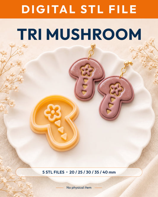 Digital STL listing hero showing the Scandi Folk Tri Mushroom printed clay cutter with example finished polymer clay jewelry.