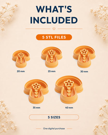 What's included graphic showing the STL file package and available sizes for the Scandi Folk Tri Mushroom clay cutter.