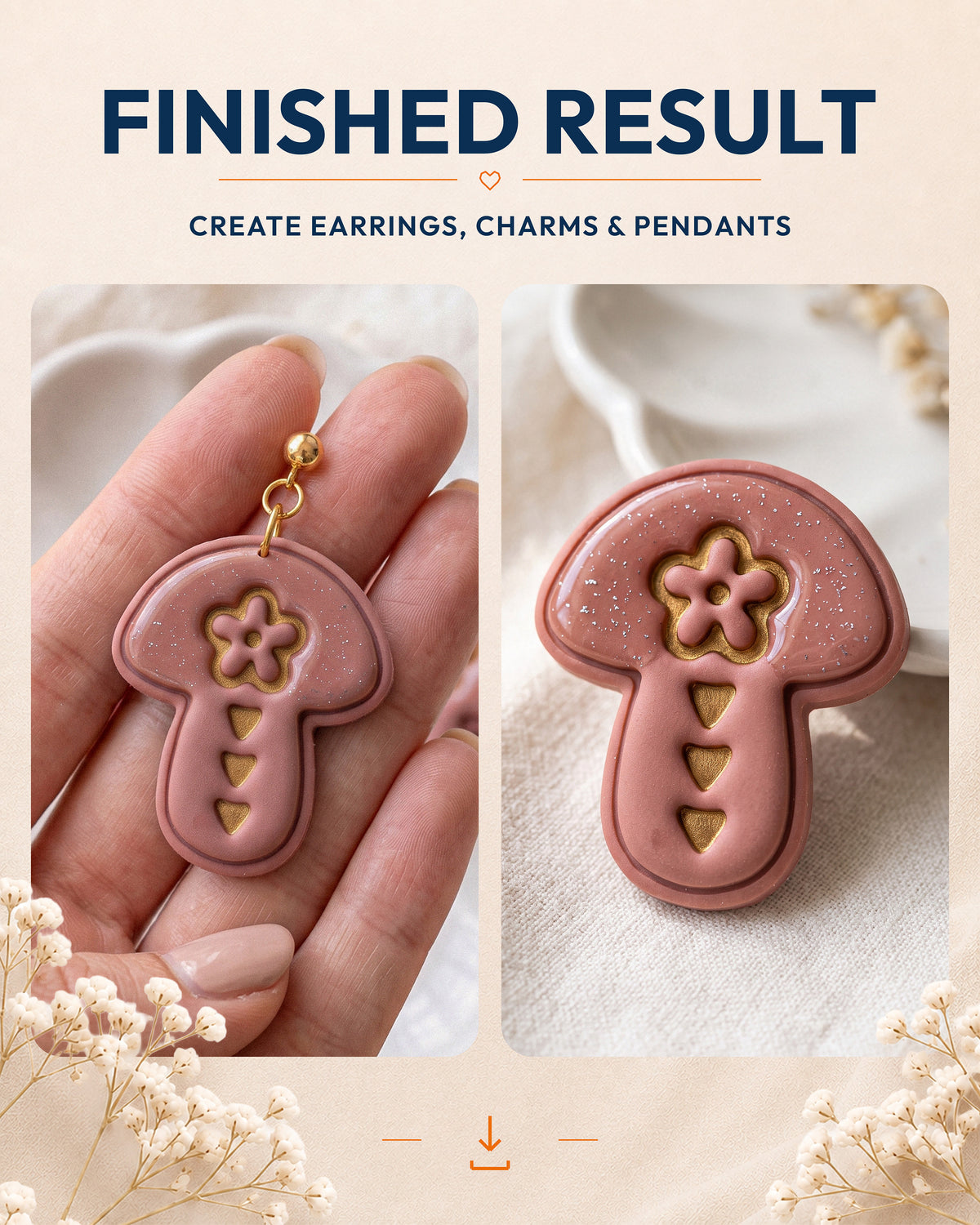 Finished result collage showing polymer clay jewelry created with the Scandi Folk Tri Mushroom cutter design.