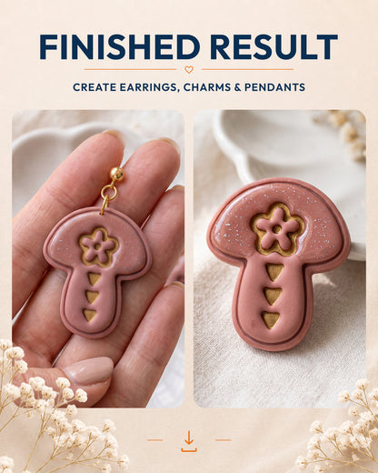Finished result collage showing polymer clay jewelry created with the Scandi Folk Tri Mushroom cutter design.
