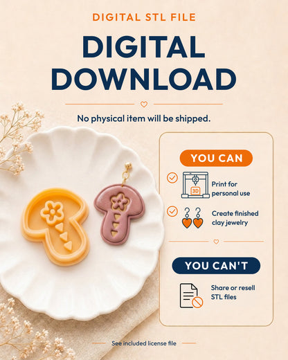 Digital download information graphic for the Scandi Folk Tri Mushroom STL files, explaining that no physical item is shipped.