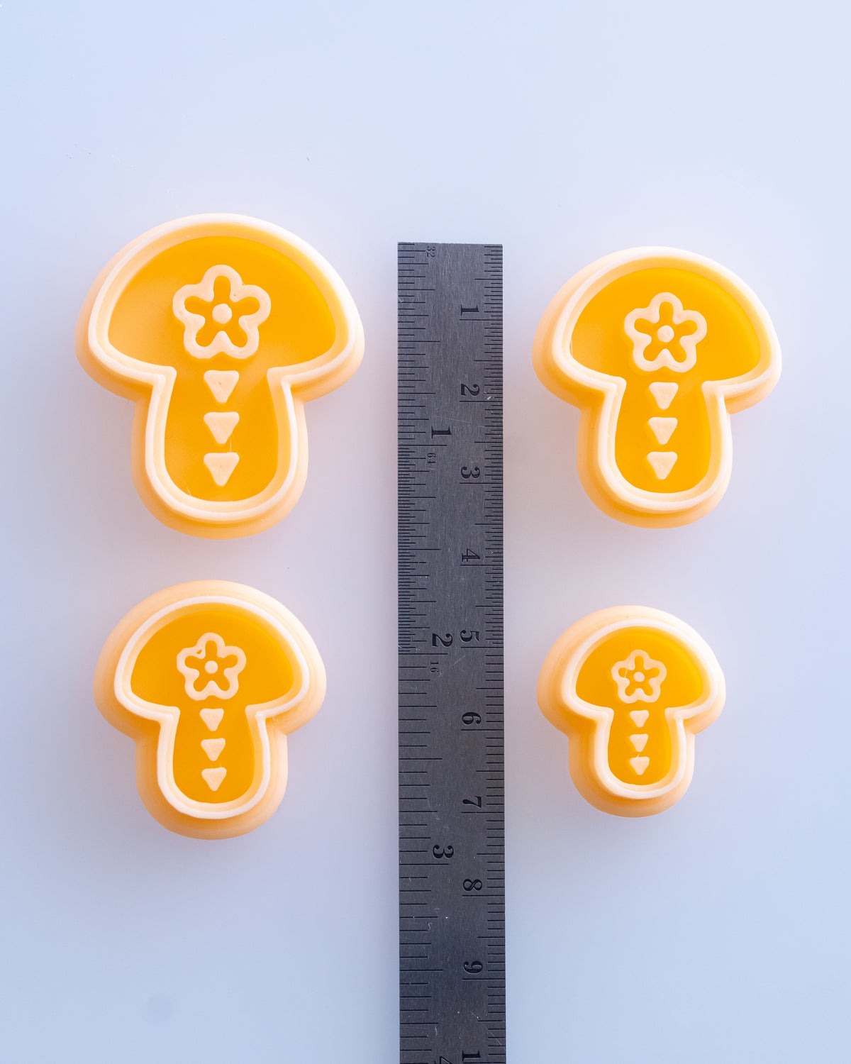 Scandi Folk Tri Mushroom clay cutters shown with a ruler or size lineup to provide a practical scale reference.