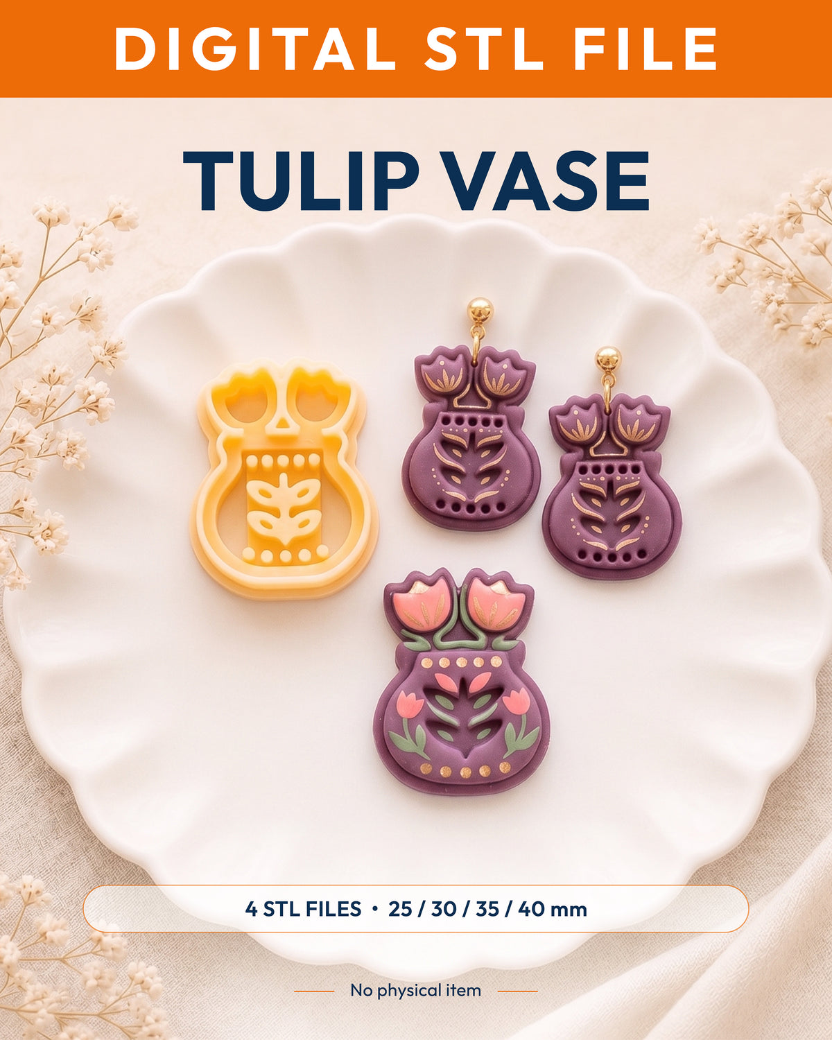 Digital STL listing hero showing the Scandi Folk Tulip Vase printed clay cutter with example finished polymer clay jewelry.