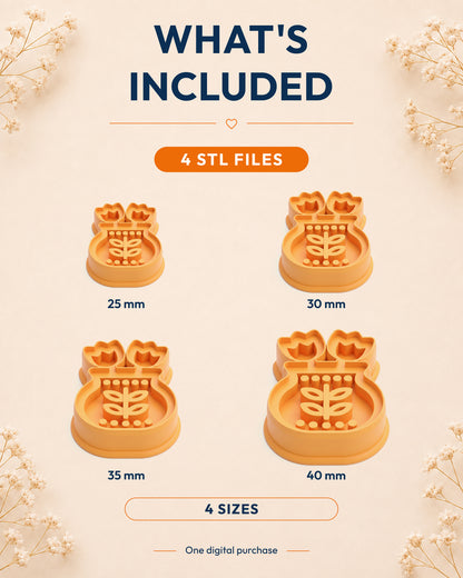 What's included graphic showing the STL file package and available sizes for the Scandi Folk Tulip Vase clay cutter.