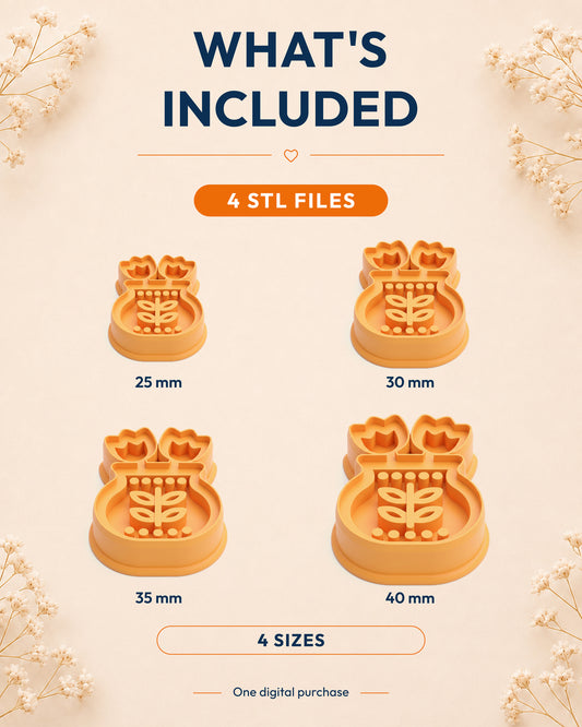 What's included graphic showing the STL file package and available sizes for the Scandi Folk Tulip Vase clay cutter.