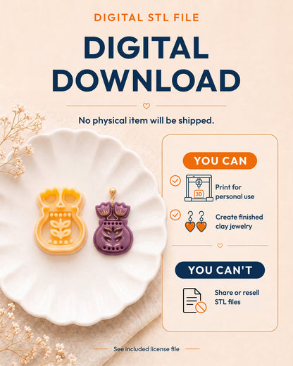 Digital download information graphic for the Scandi Folk Tulip Vase STL files, explaining that no physical item is shipped.