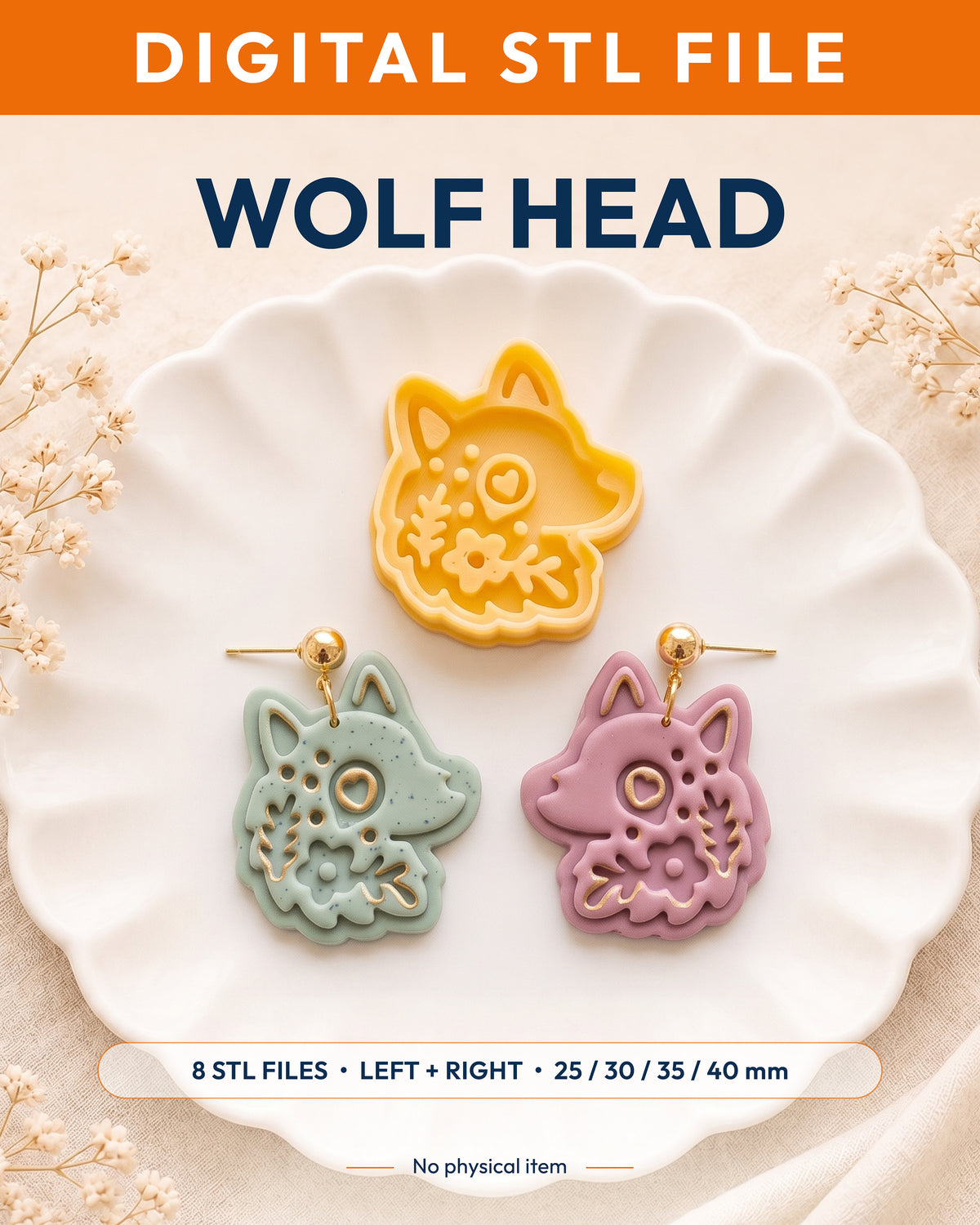 Digital STL listing hero showing the Scandi Folk Wolf Head printed clay cutter with example finished polymer clay jewelry.
