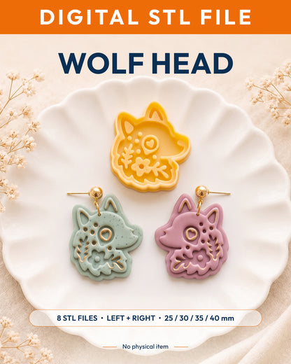 Digital STL listing hero showing the Scandi Folk Wolf Head printed clay cutter with example finished polymer clay jewelry.
