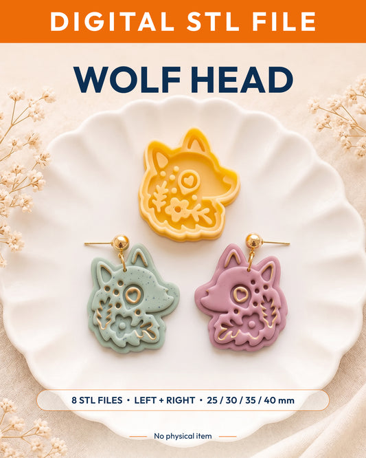 Digital STL listing hero showing the Scandi Folk Wolf Head printed clay cutter with example finished polymer clay jewelry.