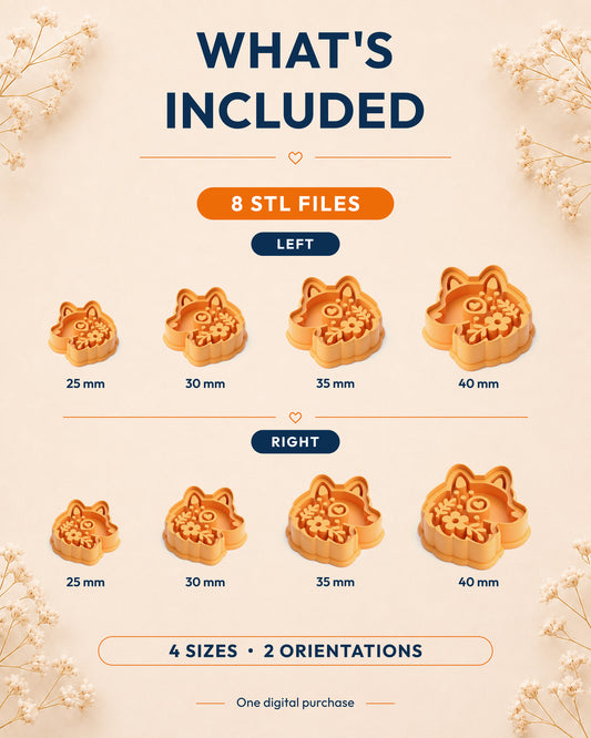 What's included graphic showing the STL file package and available sizes for the Scandi Folk Wolf Head clay cutter.