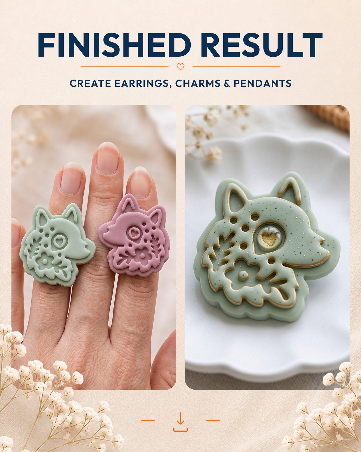 Finished result collage showing polymer clay jewelry created with the Scandi Folk Wolf Head cutter design.
