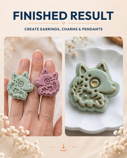 Finished result collage showing polymer clay jewelry created with the Scandi Folk Wolf Head cutter design.