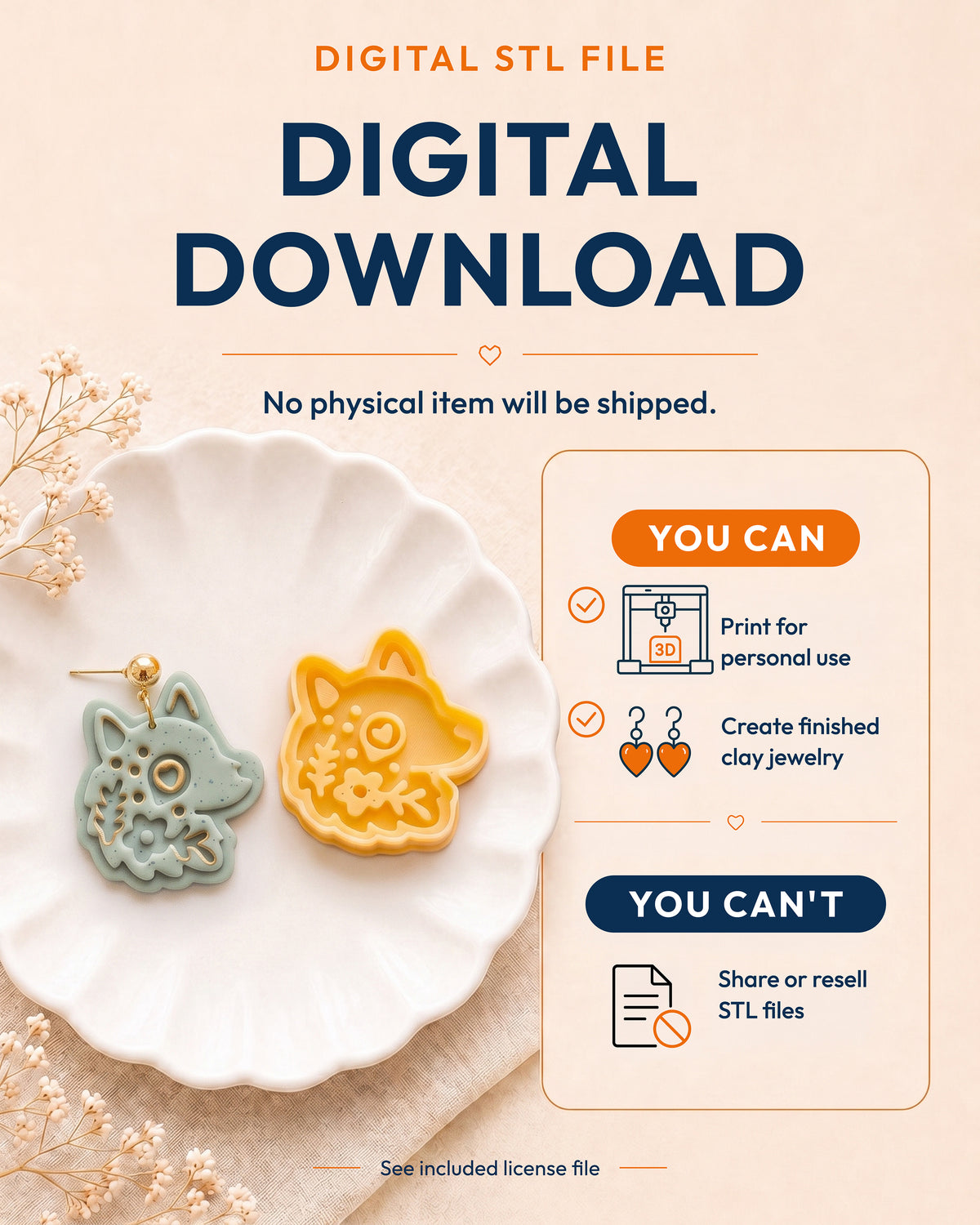 Digital download information graphic for the Scandi Folk Wolf Head STL files, explaining that no physical item is shipped.