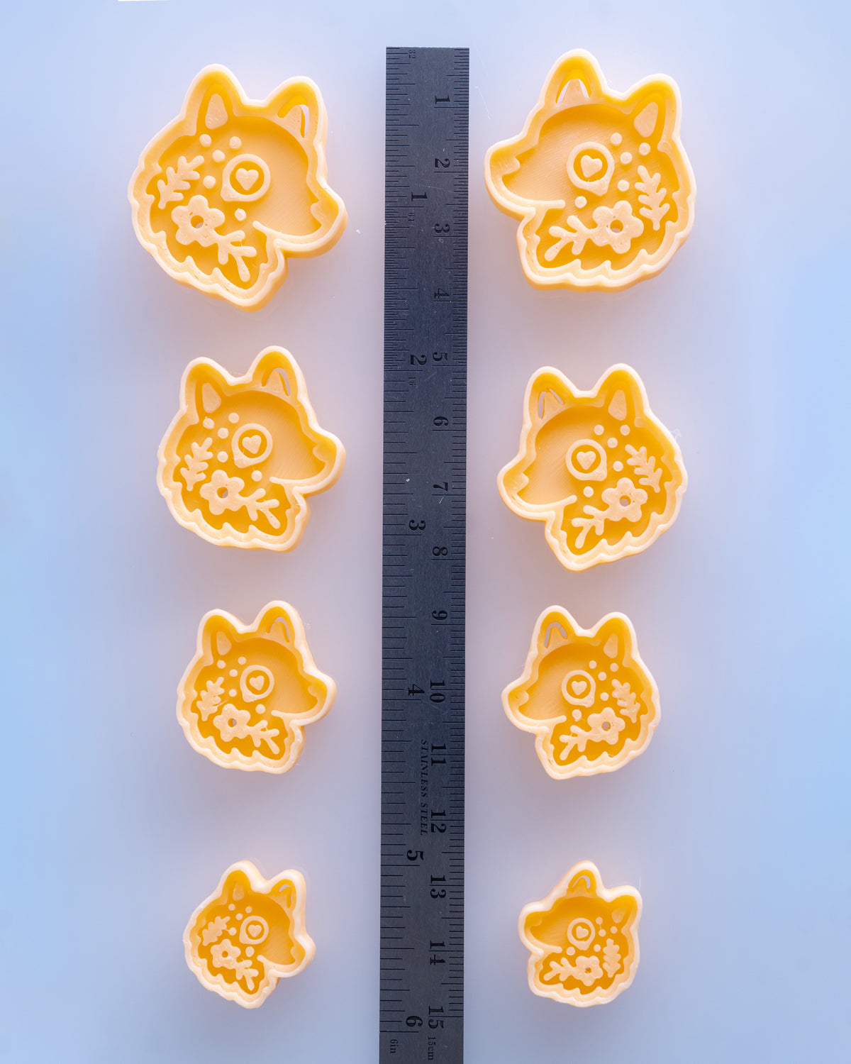 Scandi Folk Wolf Head clay cutters shown with a ruler or size lineup to provide a practical scale reference.