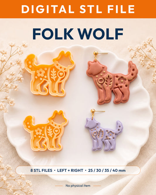 Digital STL listing hero showing the Scandi Folk Wolf printed clay cutter with example finished polymer clay jewelry.