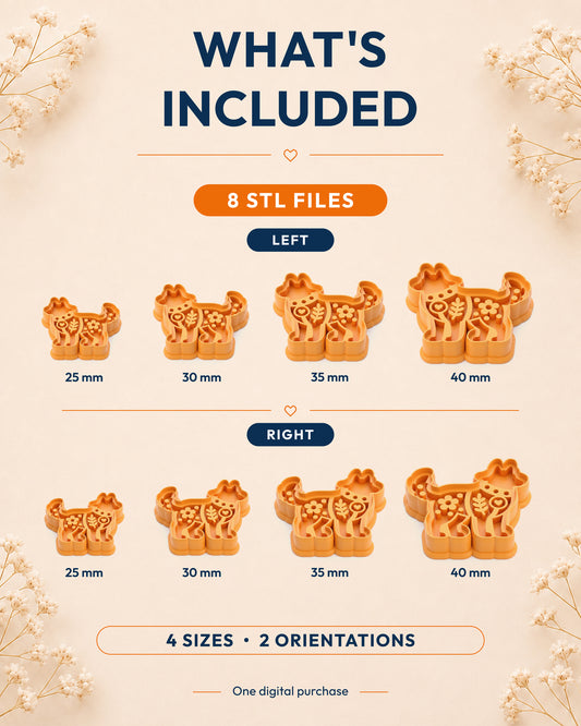 What's included graphic showing the STL file package and available sizes for the Scandi Folk Wolf clay cutter.