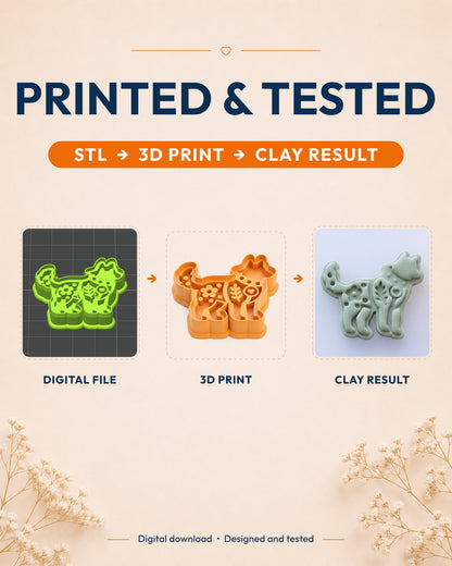 Printed and tested graphic showing the digital model, printed Scandi Folk Wolf cutter and matching polymer clay result.