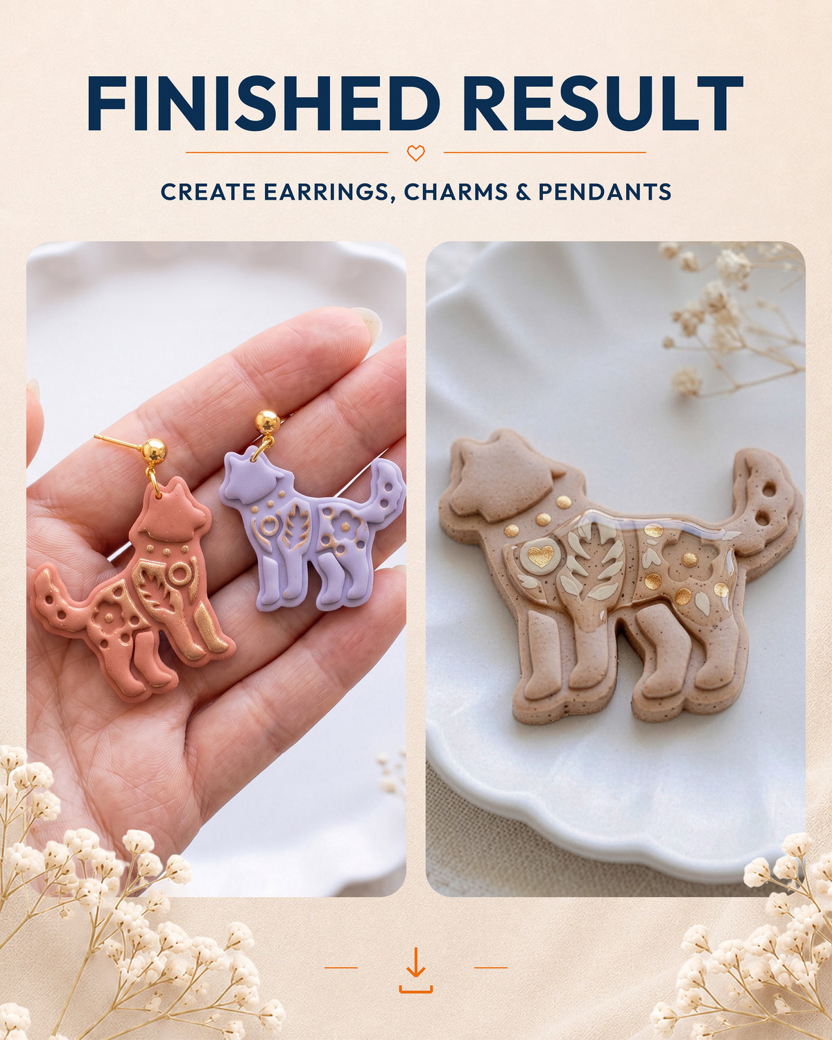 Finished result collage showing polymer clay jewelry created with the Scandi Folk Wolf cutter design.