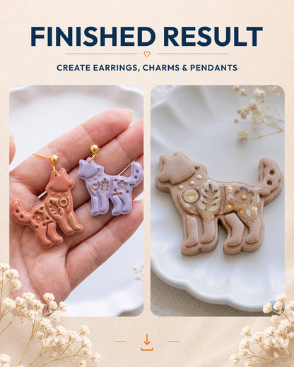Finished result collage showing polymer clay jewelry created with the Scandi Folk Wolf cutter design.
