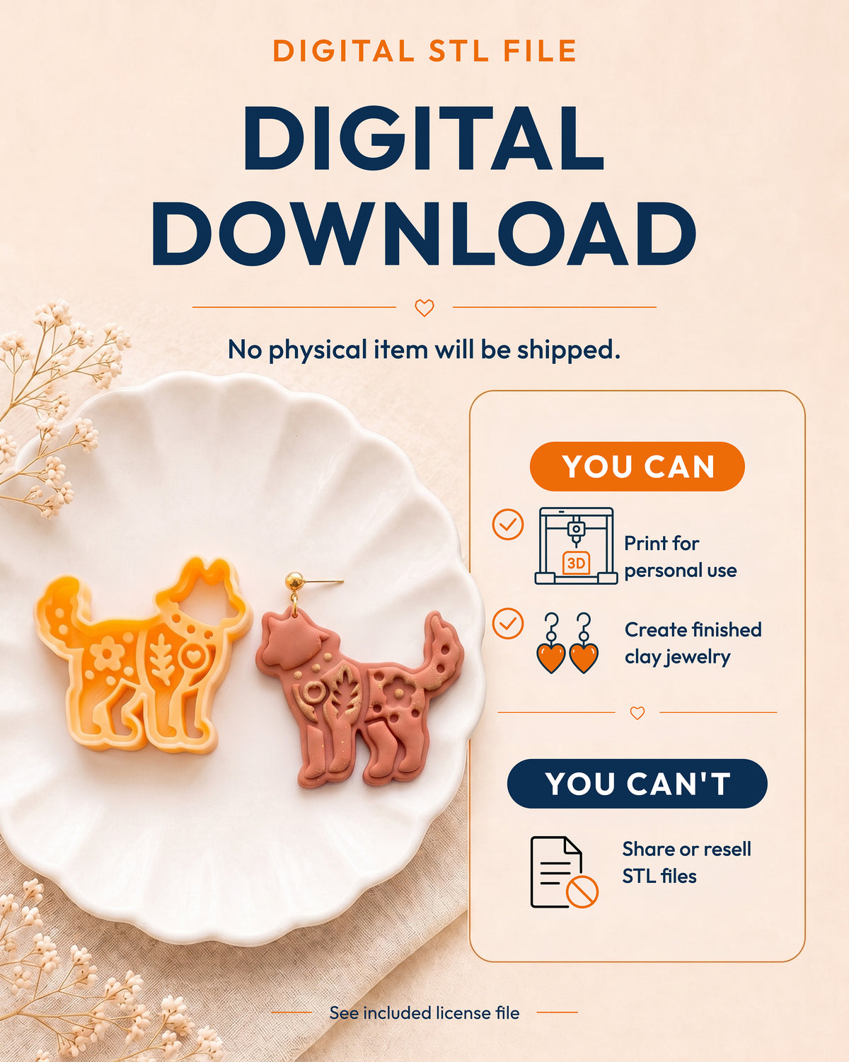 Digital download information graphic for the Scandi Folk Wolf STL files, explaining that no physical item is shipped.