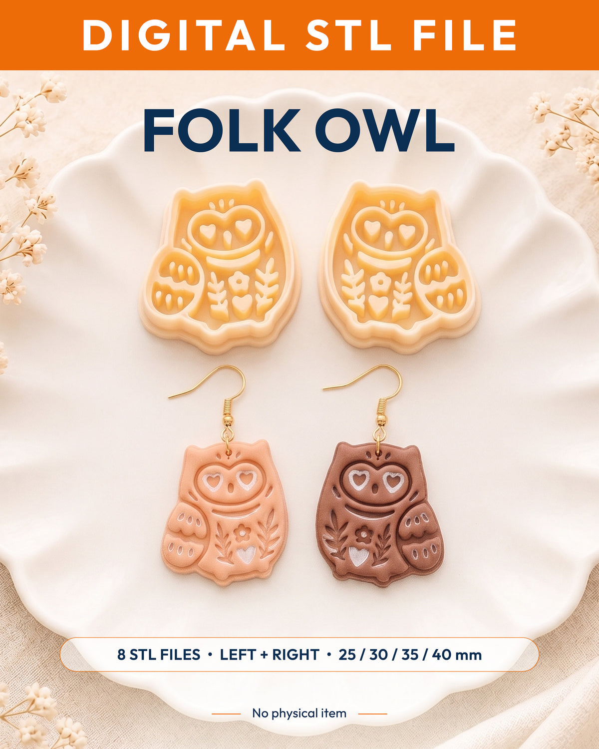 Digital STL listing hero showing the Scandi Owl printed clay cutter with example finished polymer clay jewelry.