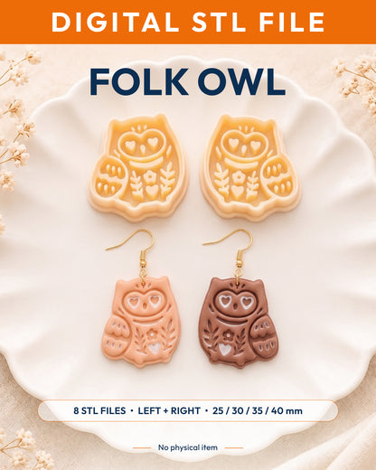 Digital STL listing hero showing the Scandi Owl printed clay cutter with example finished polymer clay jewelry.