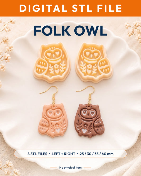 Digital STL listing hero showing the Scandi Owl printed clay cutter with example finished polymer clay jewelry.