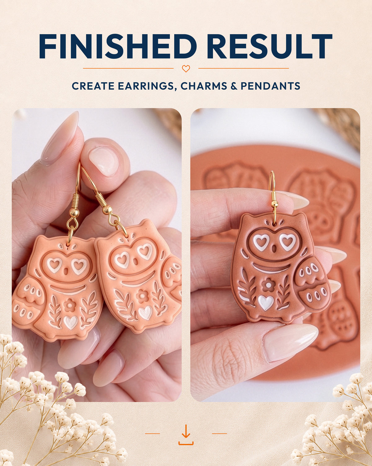 Finished result collage showing polymer clay jewelry created with the Scandi Owl cutter design.