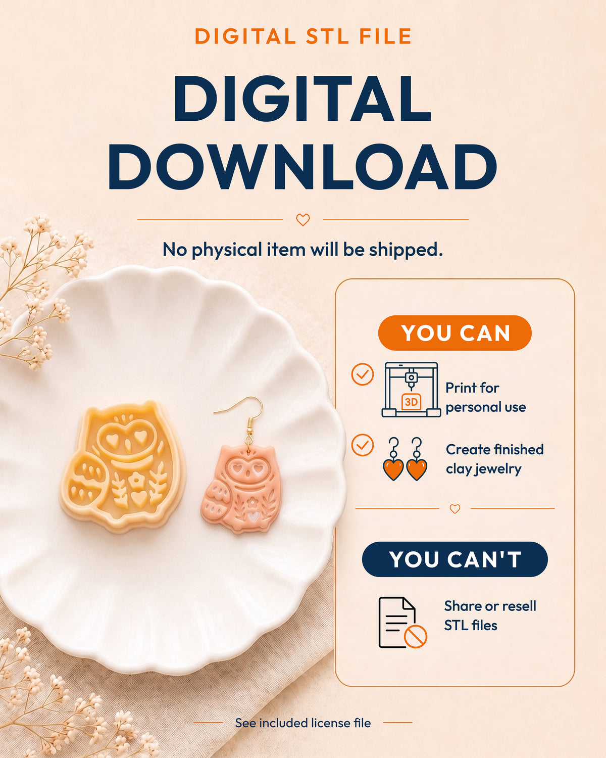 Digital download information graphic for the Scandi Owl STL files, explaining that no physical item is shipped.