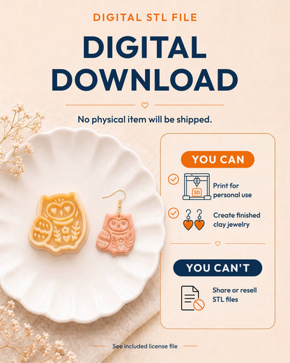 Digital download information graphic for the Scandi Owl STL files, explaining that no physical item is shipped.