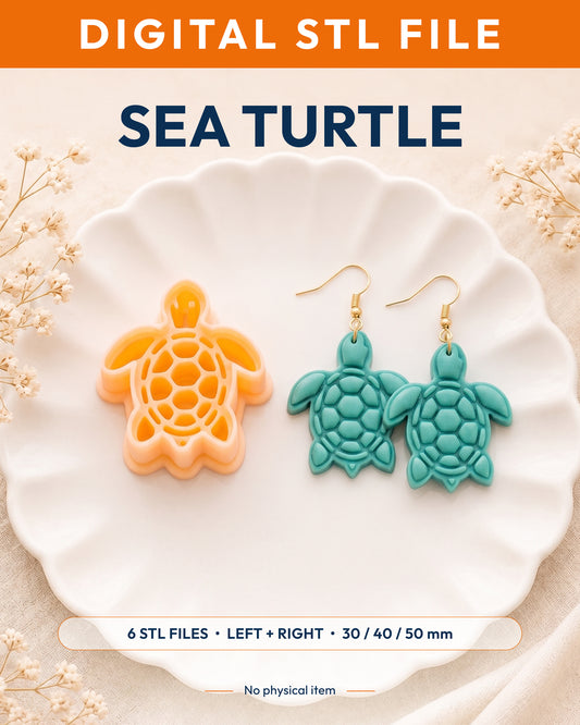 Digital STL listing hero showing the Sea Turtle printed clay cutter with example finished polymer clay jewelry.