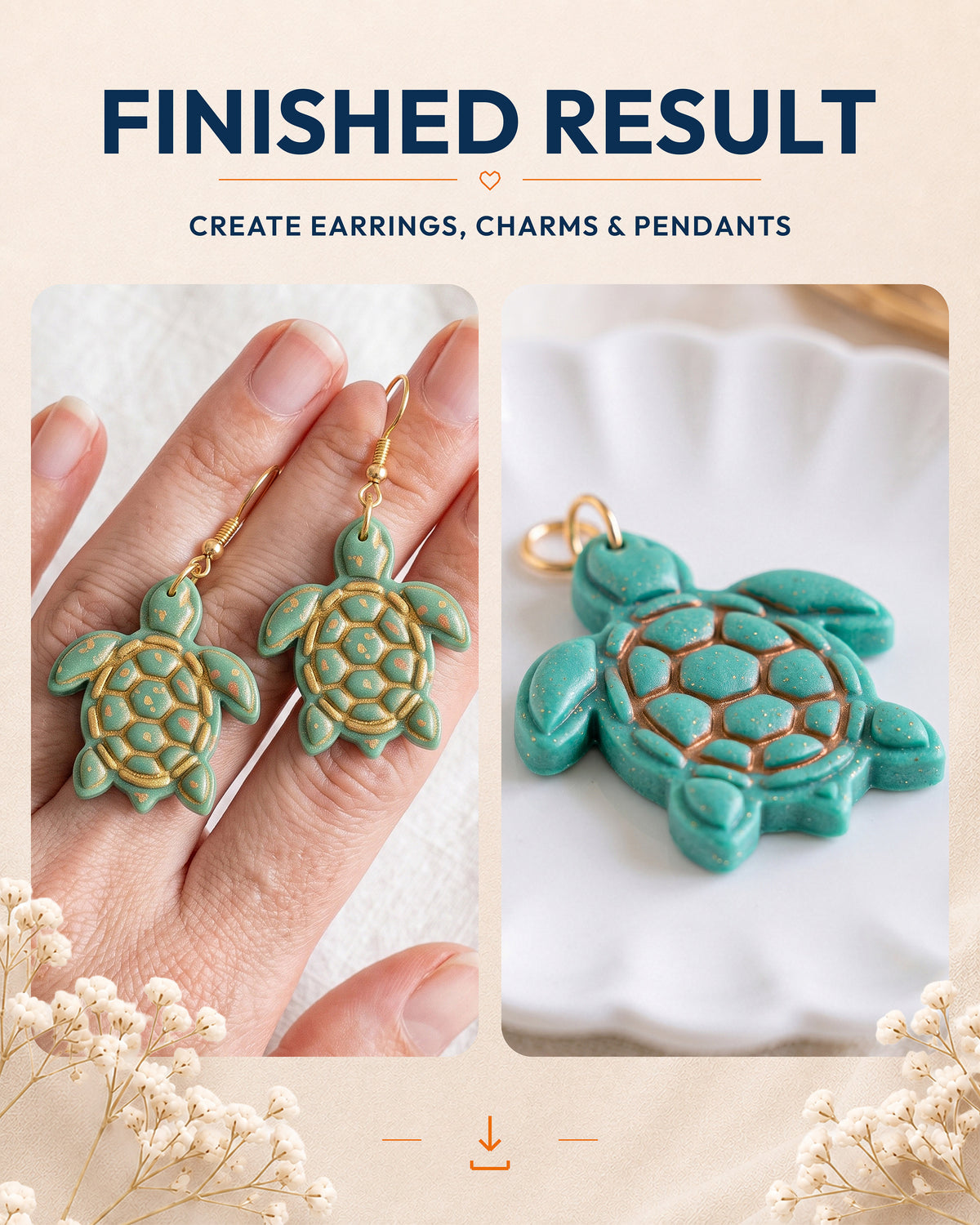 Finished result collage showing polymer clay jewelry created with the Sea Turtle cutter design.
