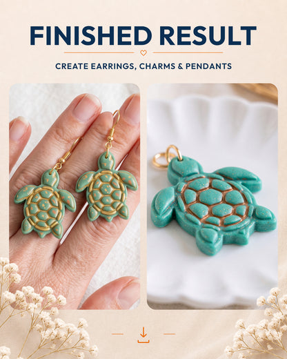Finished result collage showing polymer clay jewelry created with the Sea Turtle cutter design.
