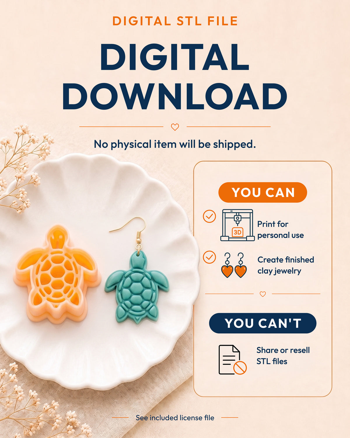 Digital download information graphic for the Sea Turtle STL files, explaining that no physical item is shipped.