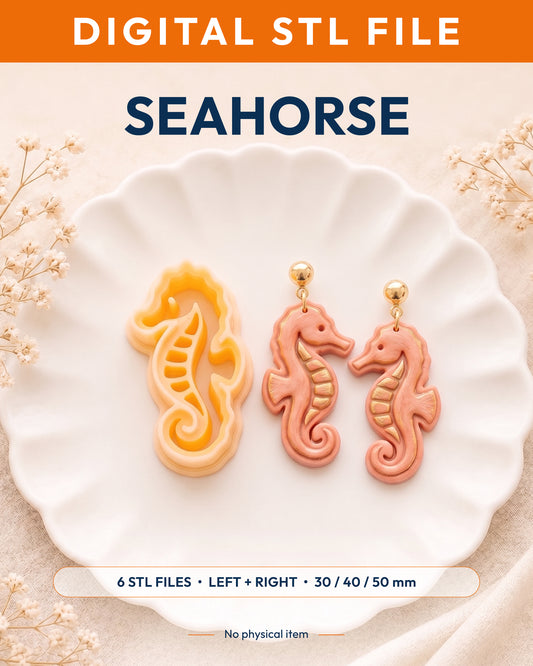 Digital STL listing hero showing the Seahorse printed clay cutter with example finished polymer clay jewelry.