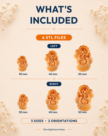 What's included graphic showing the STL file package and available sizes for the Seahorse clay cutter.