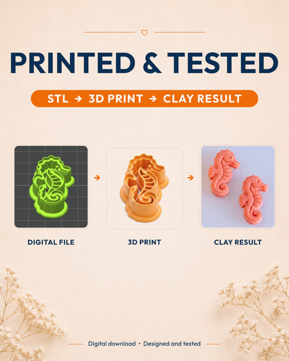 Printed and tested graphic showing the digital model, printed Seahorse cutter and matching polymer clay result.