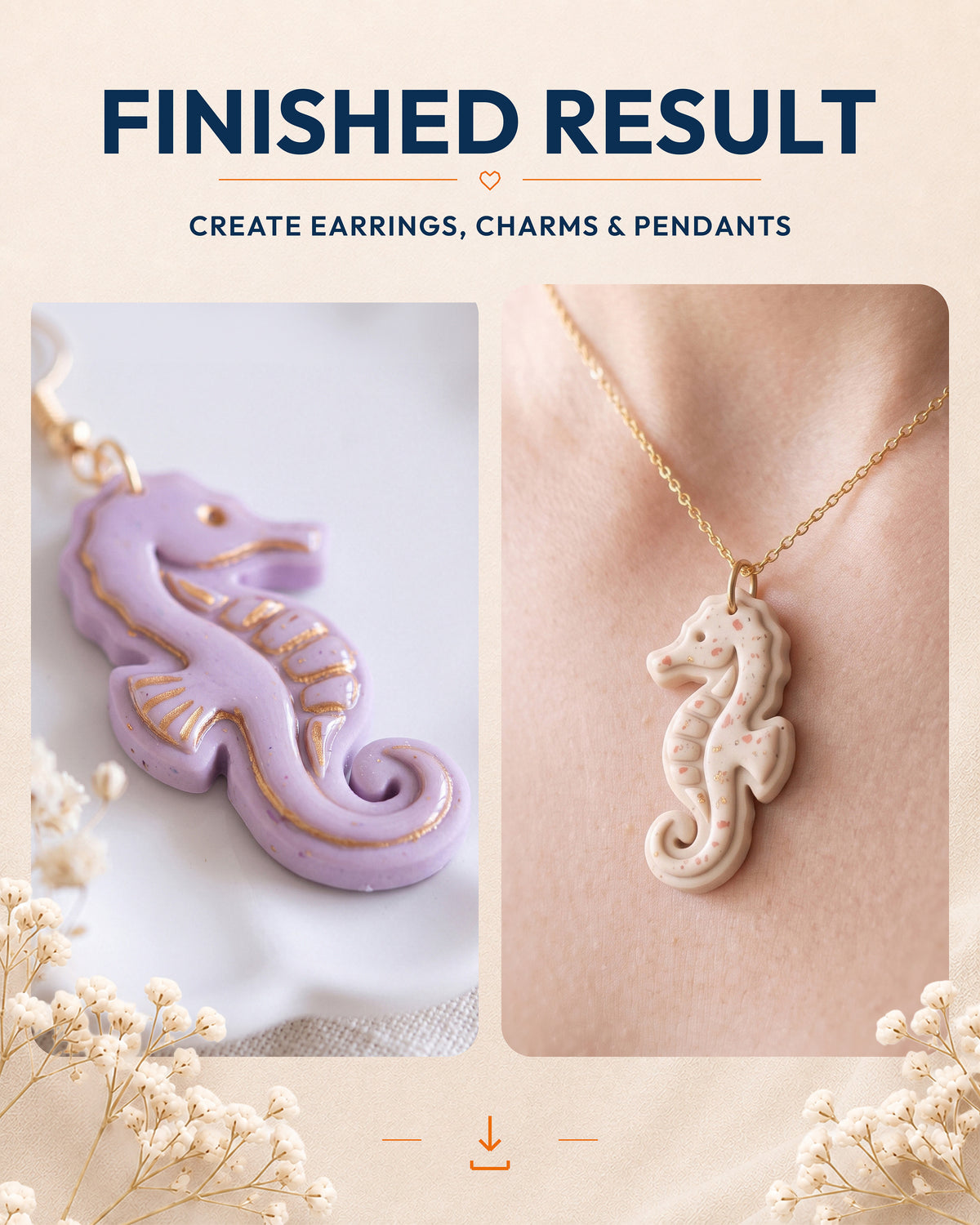 Finished result collage showing polymer clay jewelry created with the Seahorse cutter design.