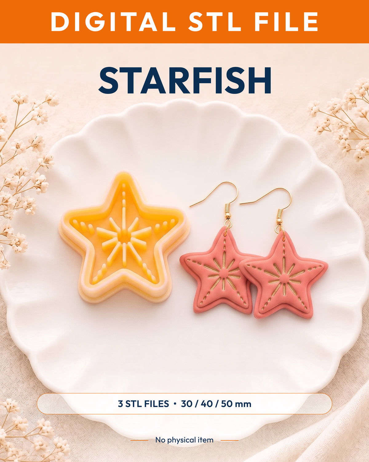Digital STL listing hero showing the Starfish printed clay cutter with example finished polymer clay jewelry.