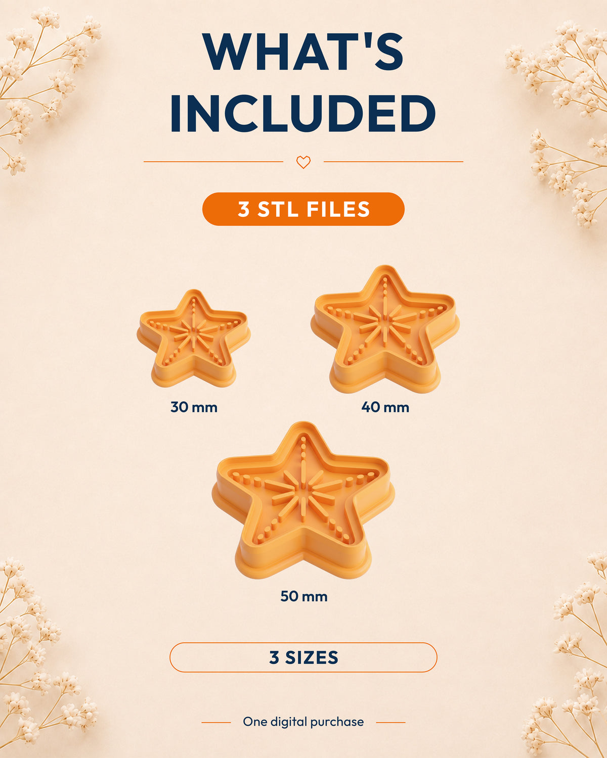 What's included graphic showing the STL file package and available sizes for the Starfish clay cutter.