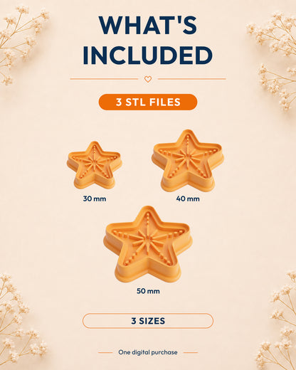 What's included graphic showing the STL file package and available sizes for the Starfish clay cutter.