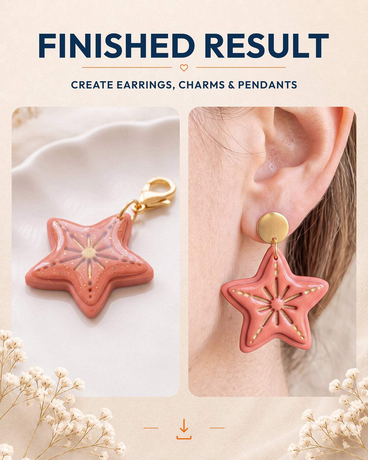 Finished result collage showing polymer clay jewelry created with the Starfish cutter design.
