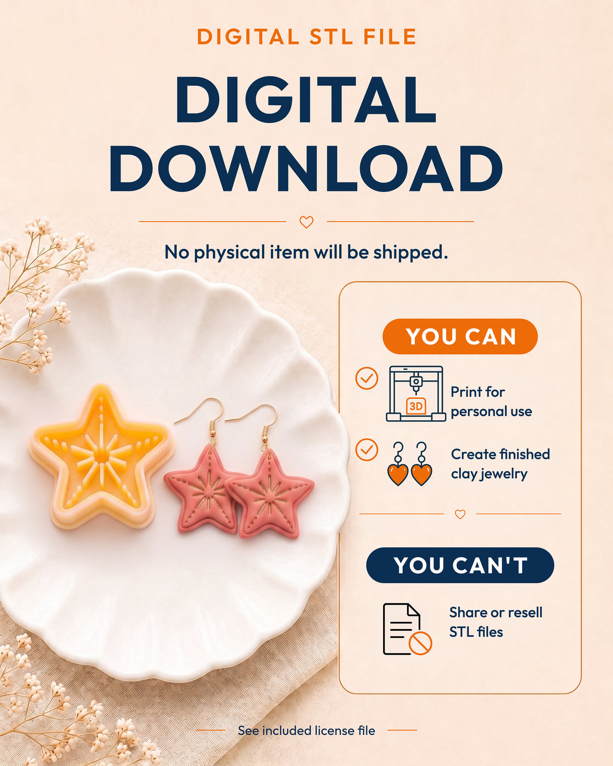 Digital download information graphic for the Starfish STL files, explaining that no physical item is shipped.