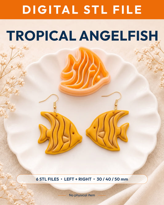 Digital STL listing hero showing the Tropical Angelfish printed clay cutter with example finished polymer clay jewelry.