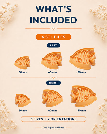 What's included graphic showing the STL file package and available sizes for the Tropical Angelfish clay cutter.