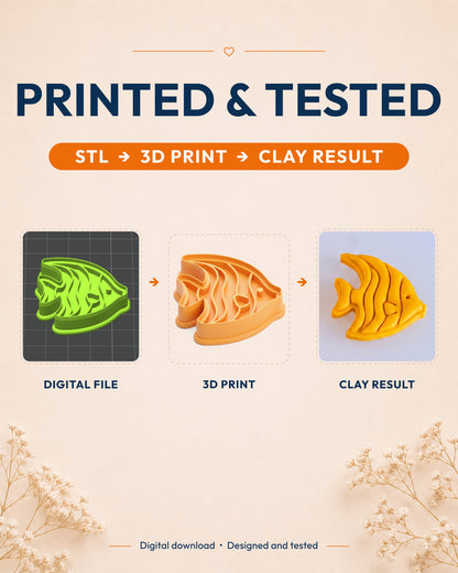 Printed and tested graphic showing the digital model, printed Tropical Angelfish cutter and matching polymer clay result.